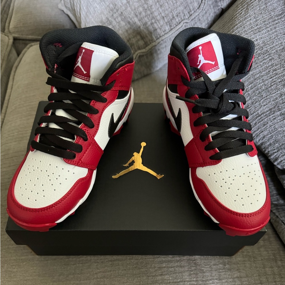 Jordan 1 Red and White Mid Football Cleats